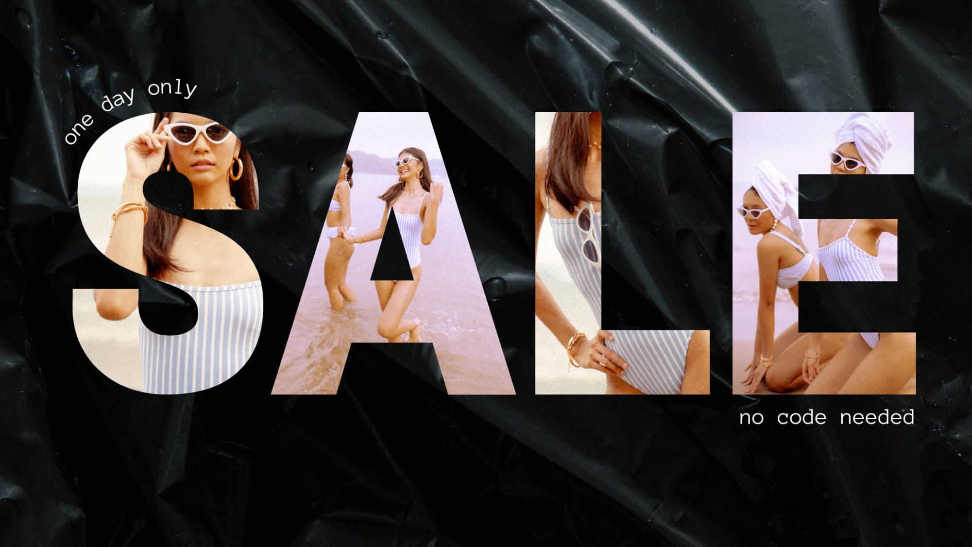 Sale promotion with people in swimsuits on a dark background